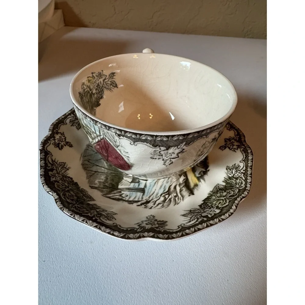 Vintage Set of 2 Johnson Bros Friendly Village Teacup Saucer Ice House England